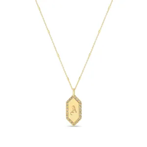 14k Initial Elongated Hexagon Diamond Border Tag Necklace