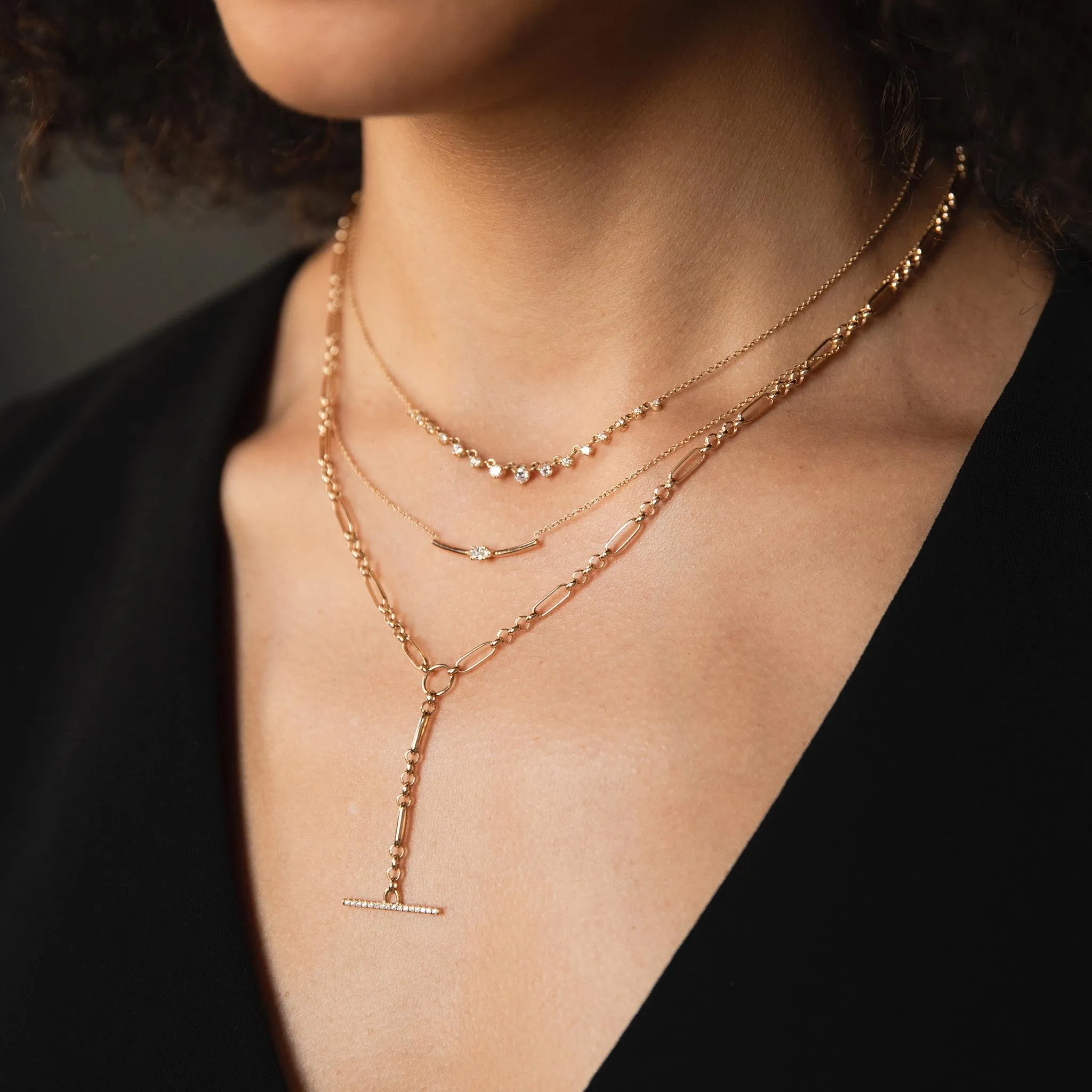 14k Medium Paperclip Rolo Chain Pavé Diamond Toggle Lariat Necklace
