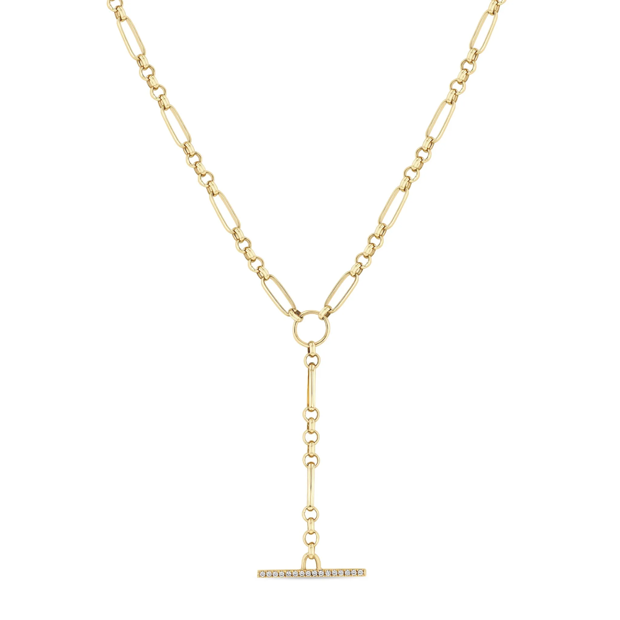 14k Medium Paperclip Rolo Chain Pavé Diamond Toggle Lariat Necklace