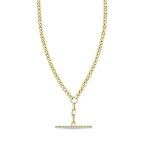 14k Mixed Small Curb & Medium Square Oval Chain Pavé Diamond Toggle Lariat Necklace