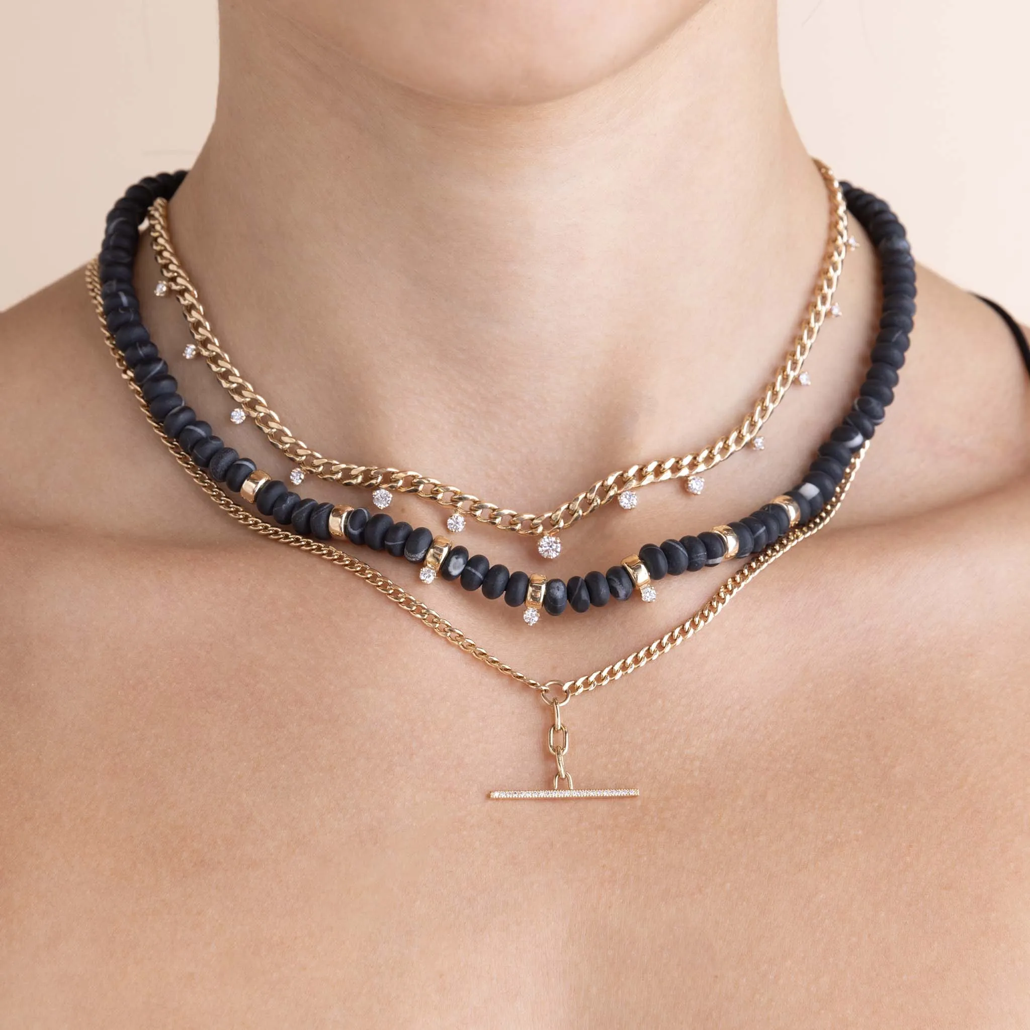 14k Mixed Small Curb & Medium Square Oval Chain Pavé Diamond Toggle Lariat Necklace