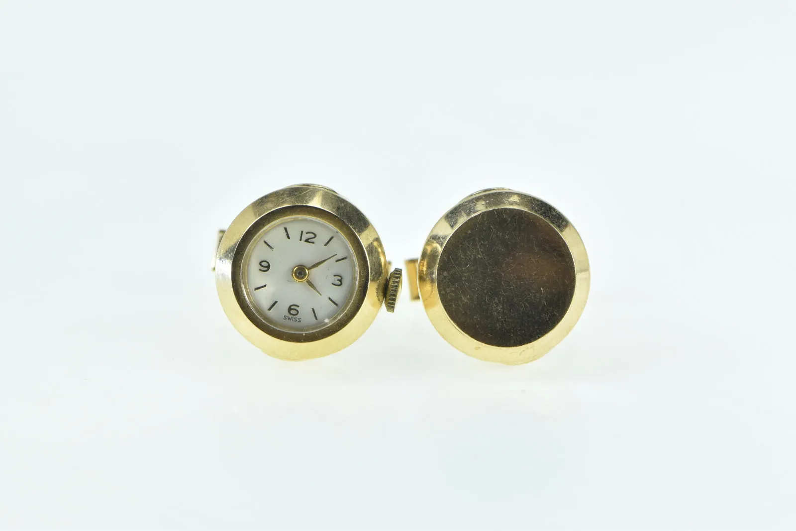14K Retro Mechanical Watch Face Statement Cuff Links Yellow Gold