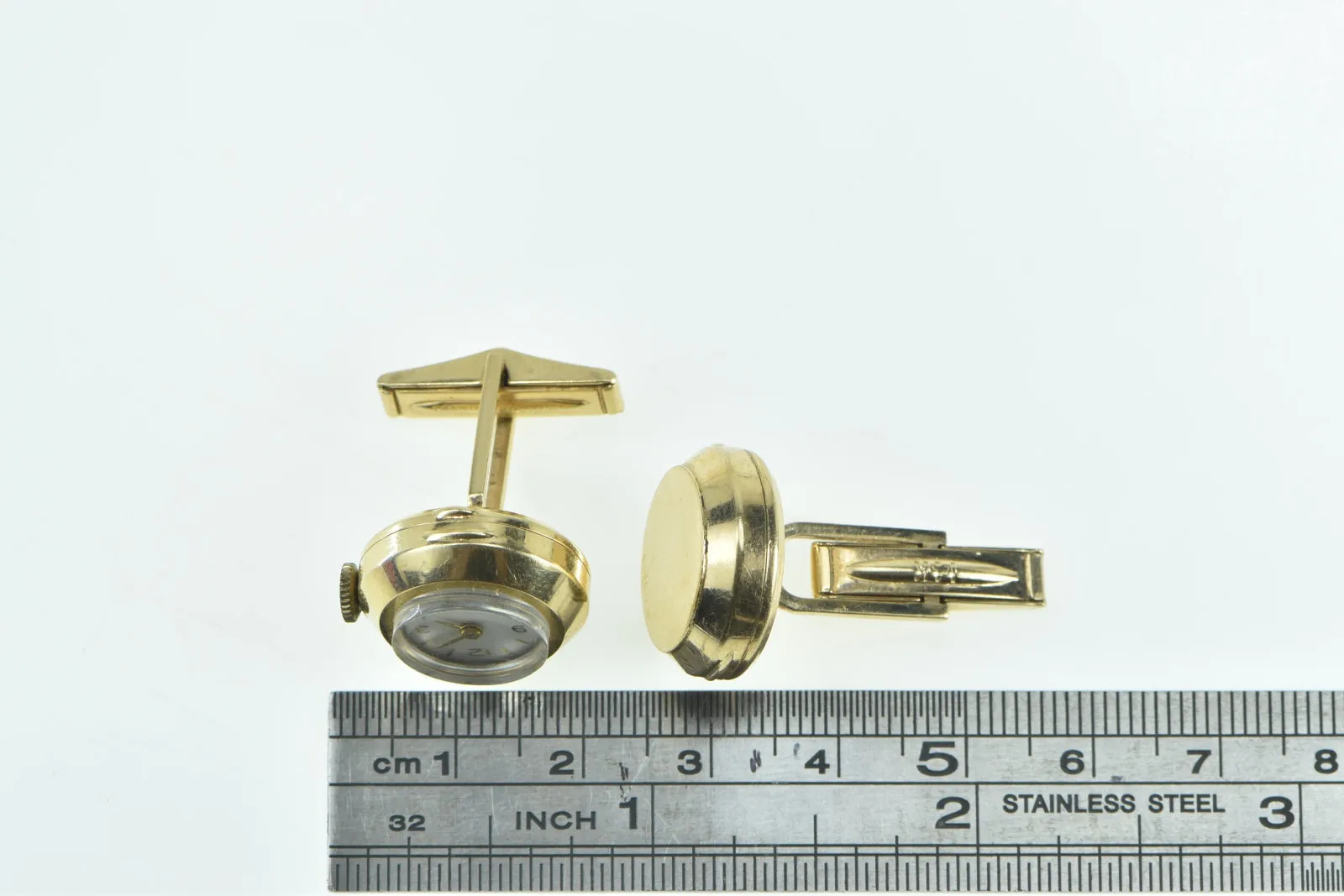 14K Retro Mechanical Watch Face Statement Cuff Links Yellow Gold