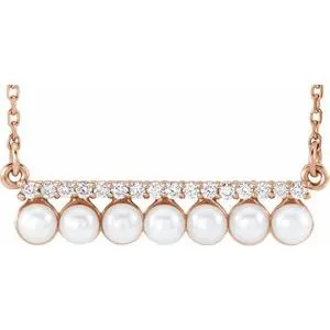 14K Rose Freshwater Cultured Pearl & 1/8 CTW Diamond Bar 16-18" Necklace