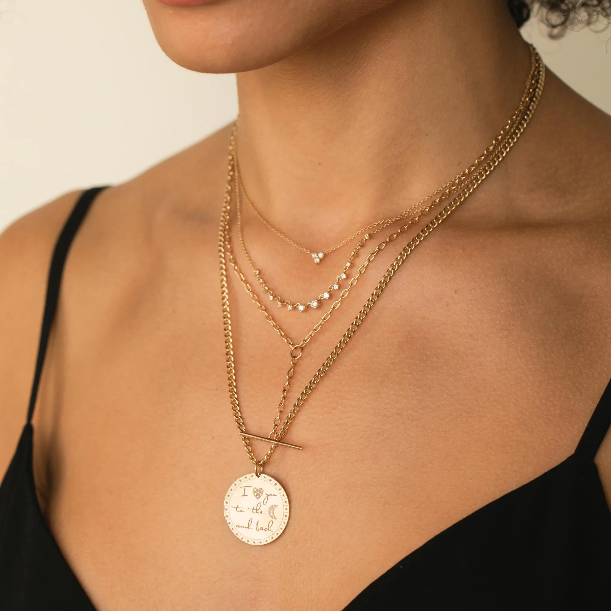 14k Small Square Oval Chain Pavé Diamond Faux Toggle Lariat Necklace