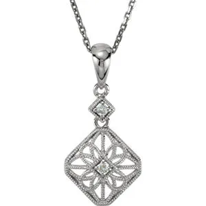 14K White .06 CTW Diamond 18" Filigree Necklace