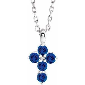 14K White Blue Sapphire Cross 16-18" Necklace
