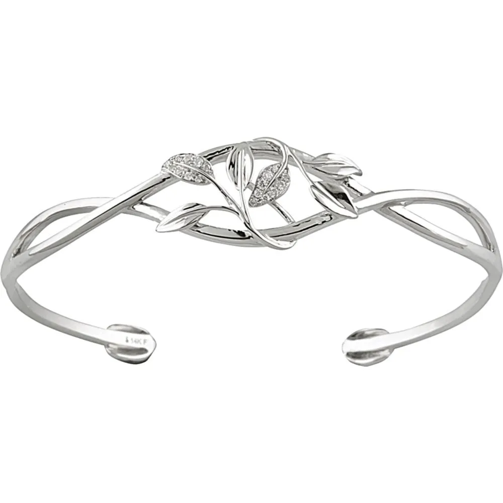 14k White Gold .05 CTW Diamond Leaf Design Cuff Bracelet