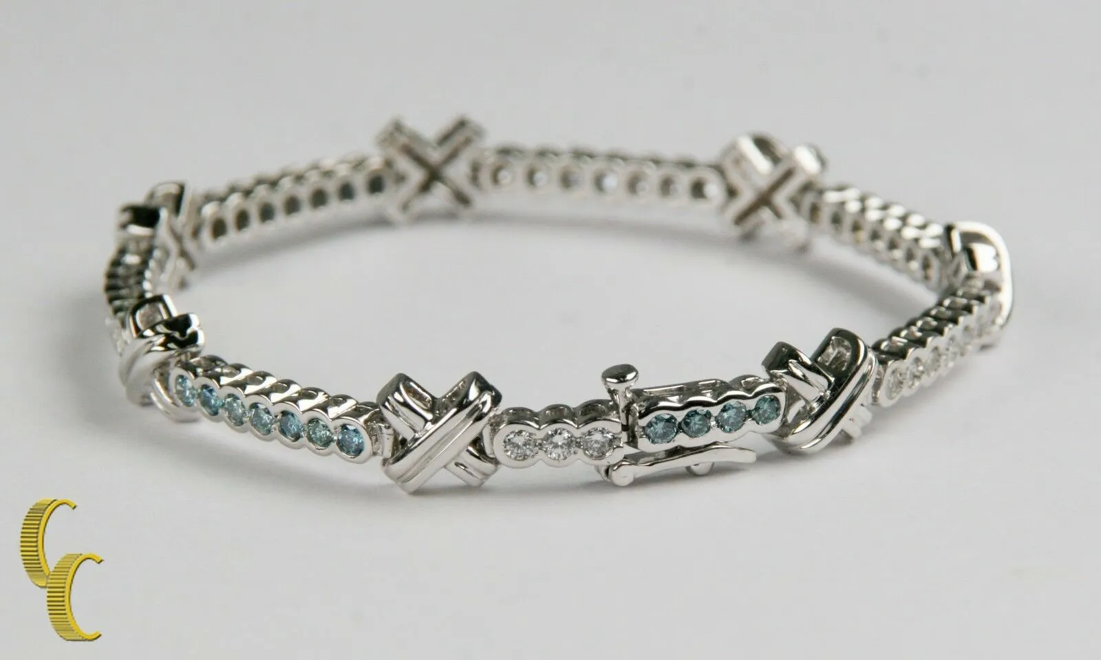 14k White Gold 3.00 carat White & Blue Diamond "X" Knot Station Bracelet
