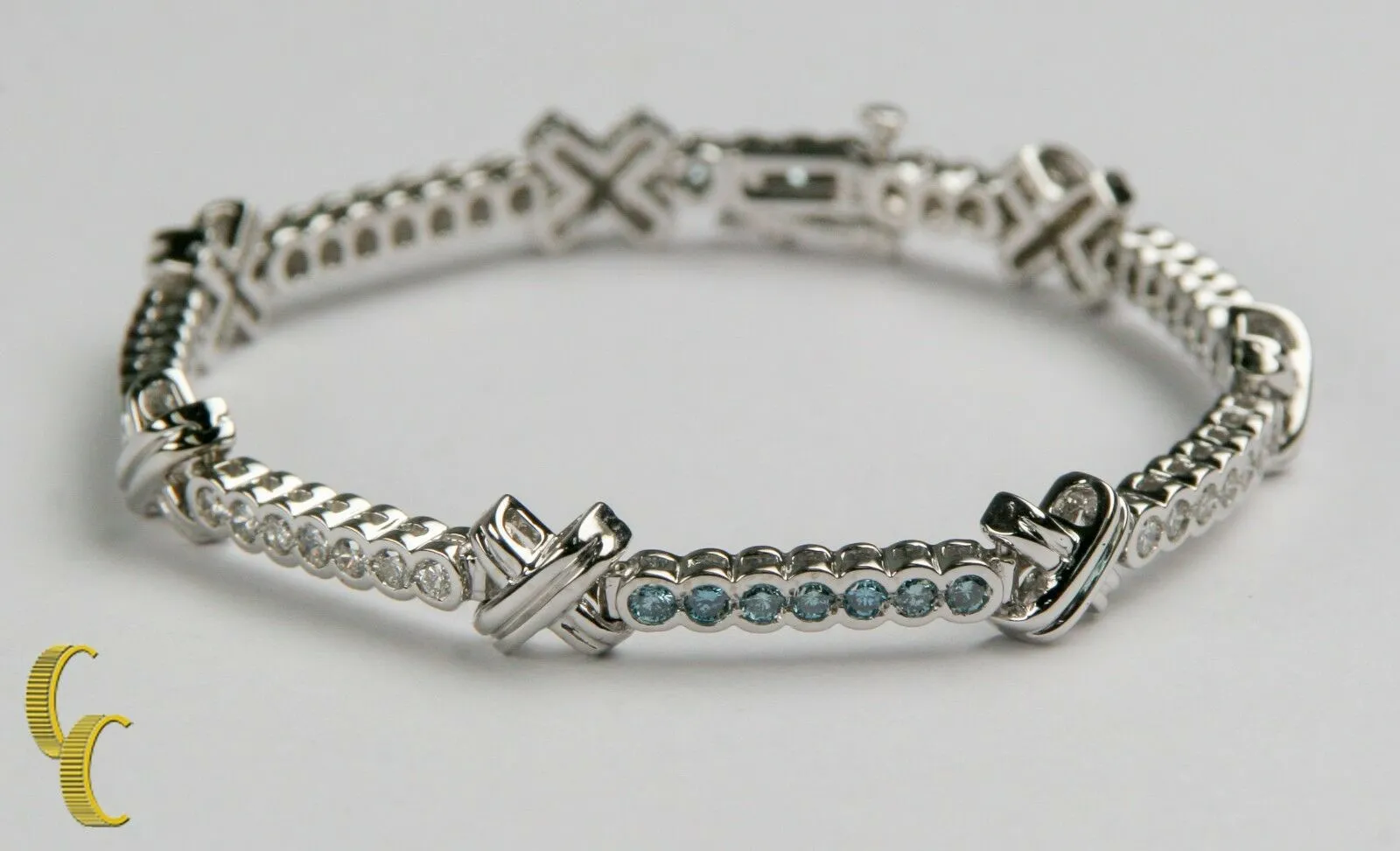 14k White Gold 3.00 carat White & Blue Diamond "X" Knot Station Bracelet