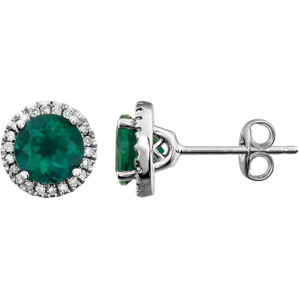 14k White Gold Created Emerald & 1/8 CTW Diamond Earrings