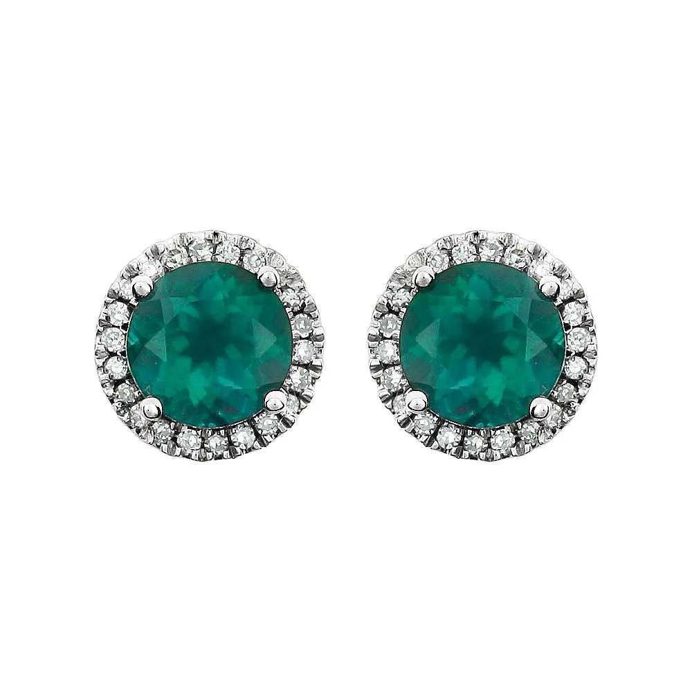 14k White Gold Created Emerald & 1/8 CTW Diamond Earrings