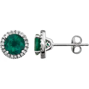 14k White Gold Created Emerald & 1/8 CTW Diamond Earrings