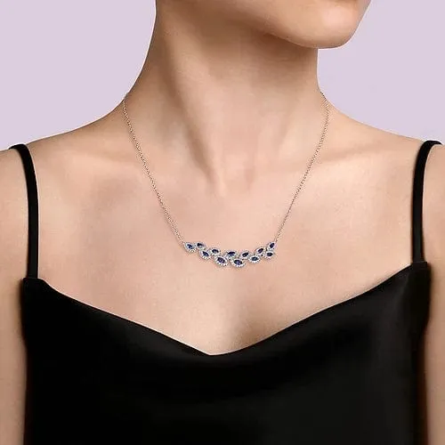 14K White Gold Diamond and Blue Sapphire Floral Bar Necklace