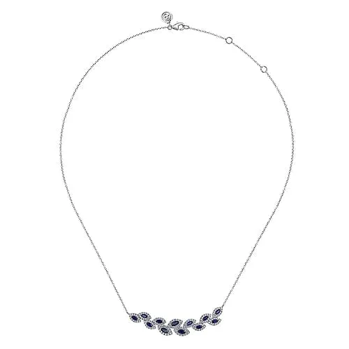14K White Gold Diamond and Blue Sapphire Floral Bar Necklace