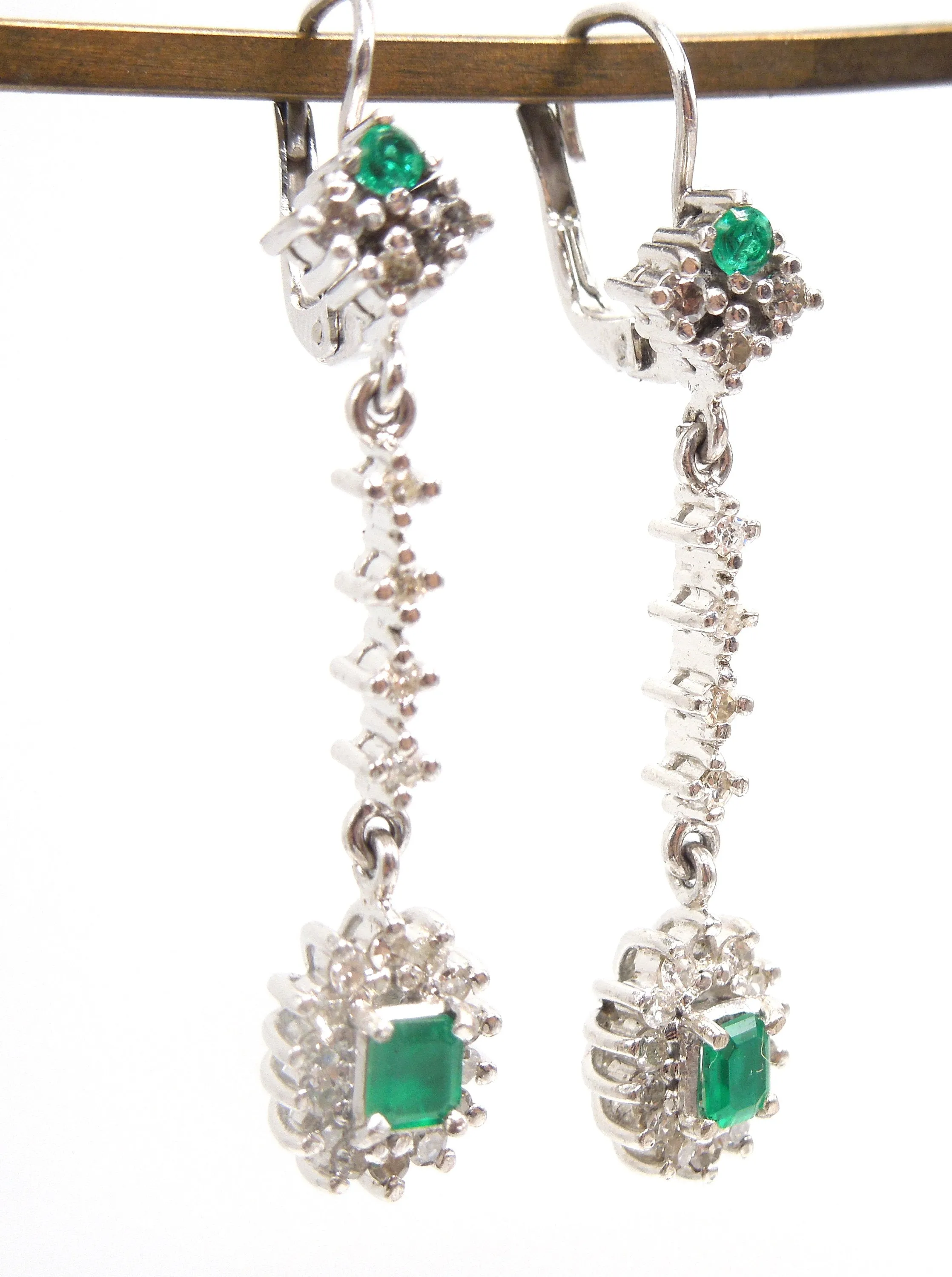 14K White Gold Diamond and Colombian Emerald Drop Earrings