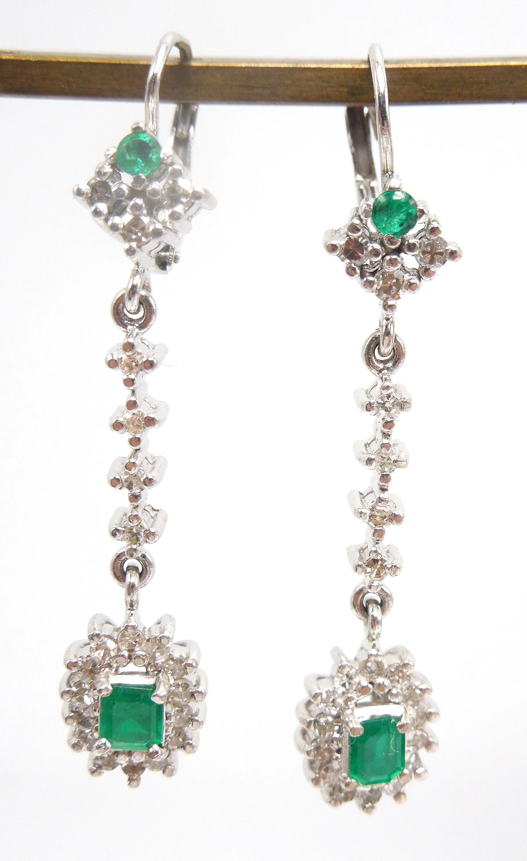 14K White Gold Diamond and Colombian Emerald Drop Earrings