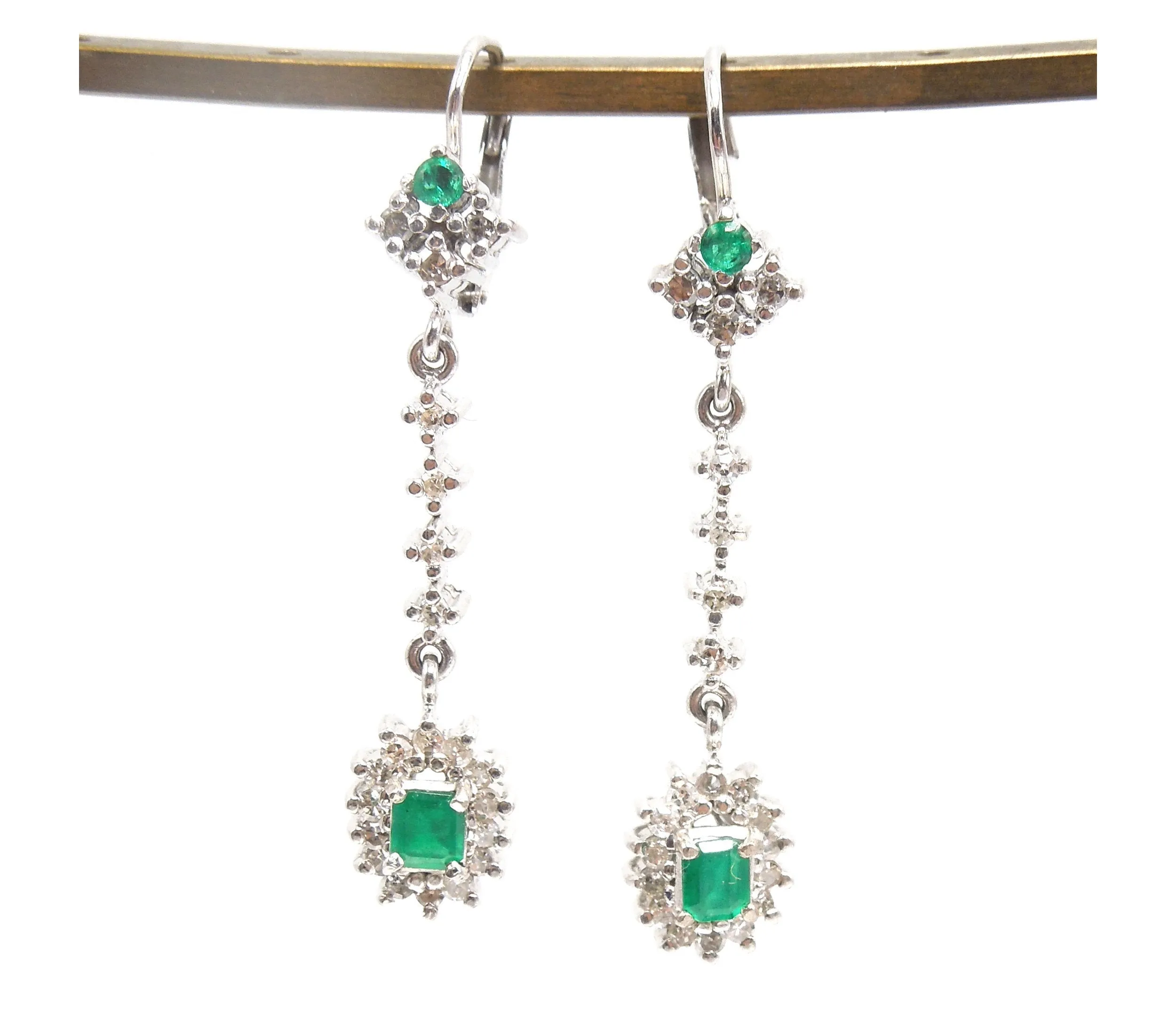 14K White Gold Diamond and Colombian Emerald Drop Earrings