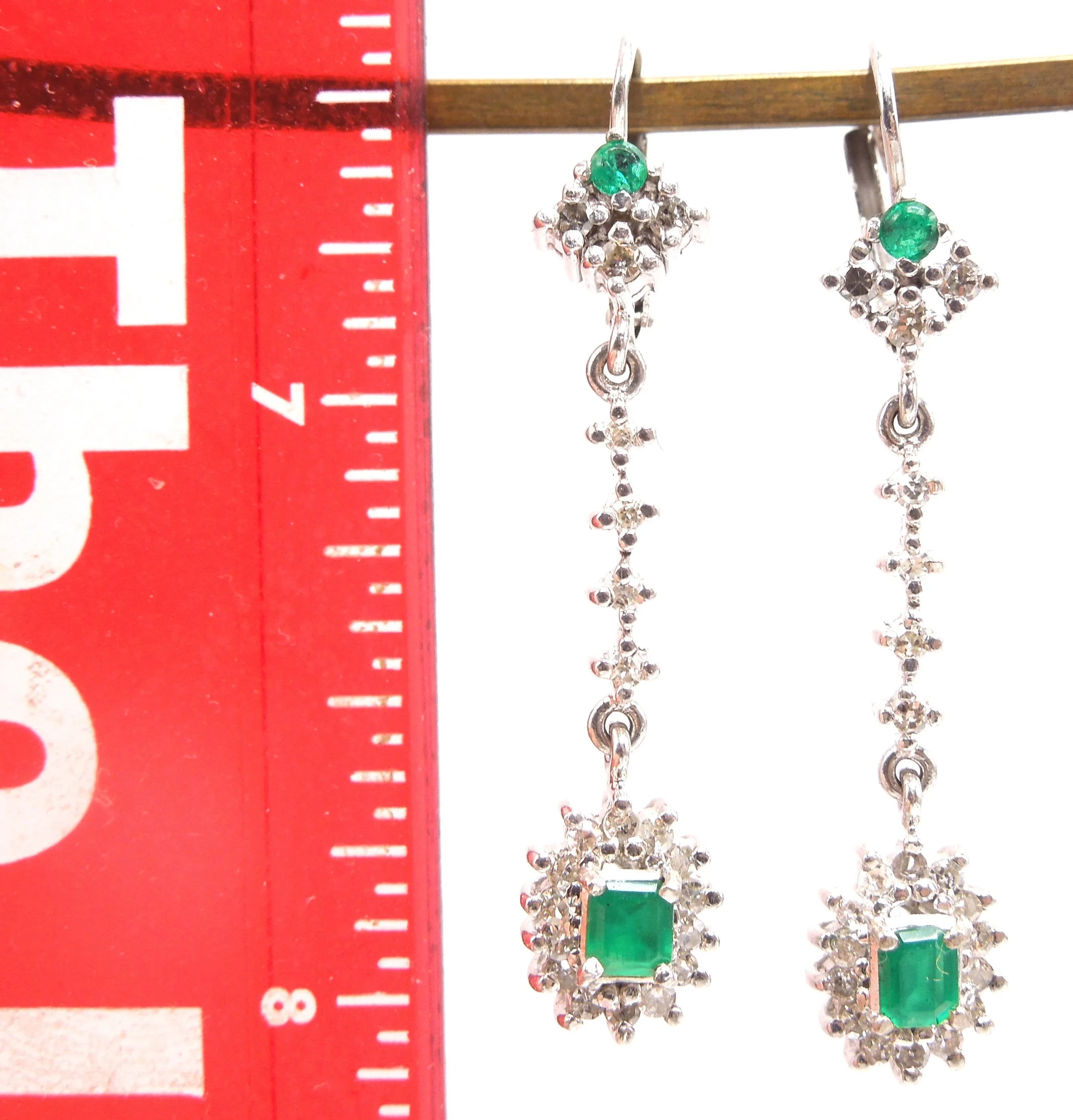 14K White Gold Diamond and Colombian Emerald Drop Earrings