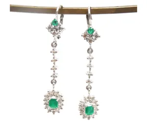 14K White Gold Diamond and Colombian Emerald Drop Earrings