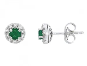 14K White Gold Emerald and Diamond Halo Stud Earrings