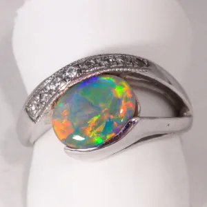 14K White Gold Oval Cabochon Opal and Diamond Ring
