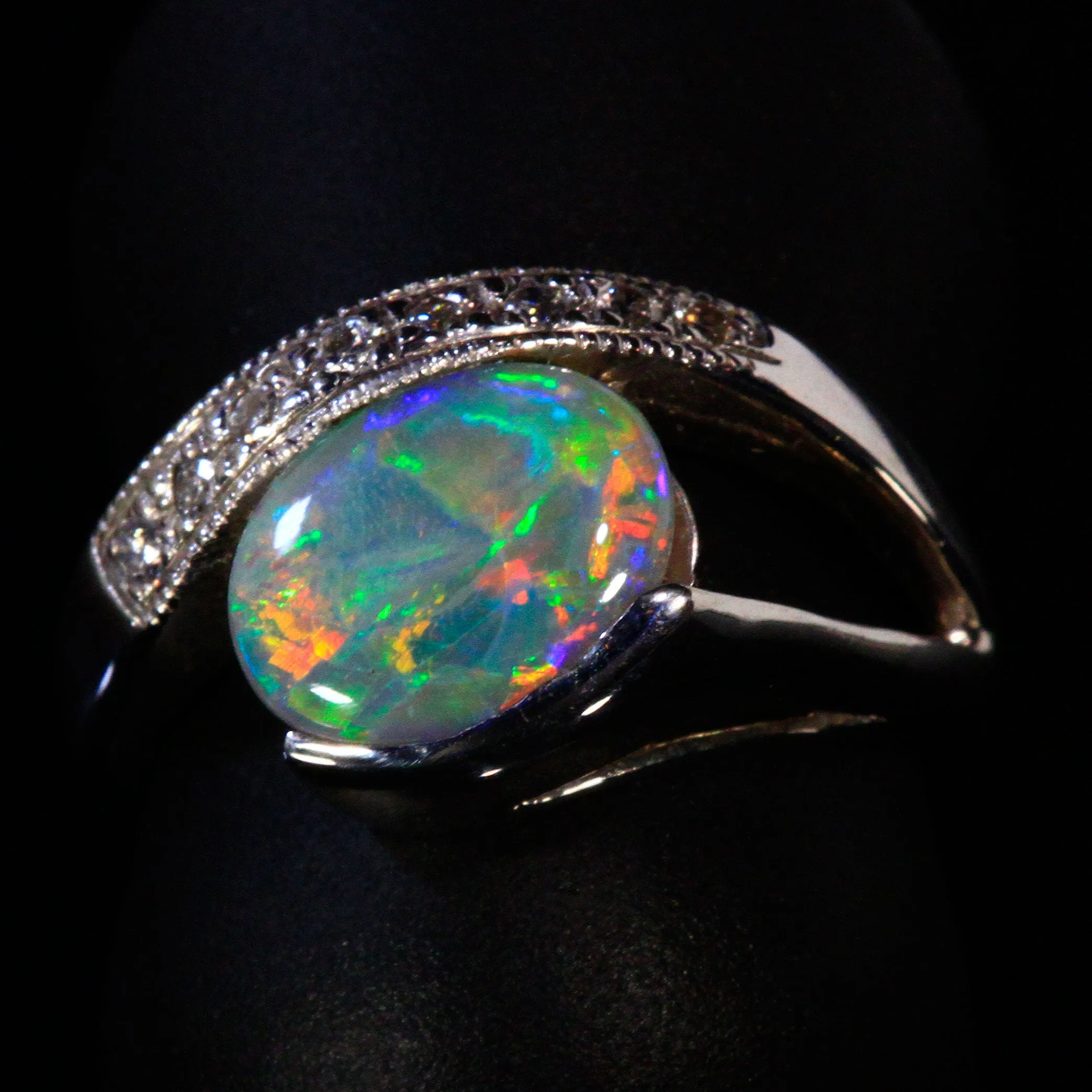 14K White Gold Oval Cabochon Opal and Diamond Ring