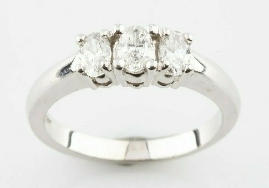 14k White Gold Oval Diamond Three-Stone Engagement Ring Size 6.75 TDW = 0.75