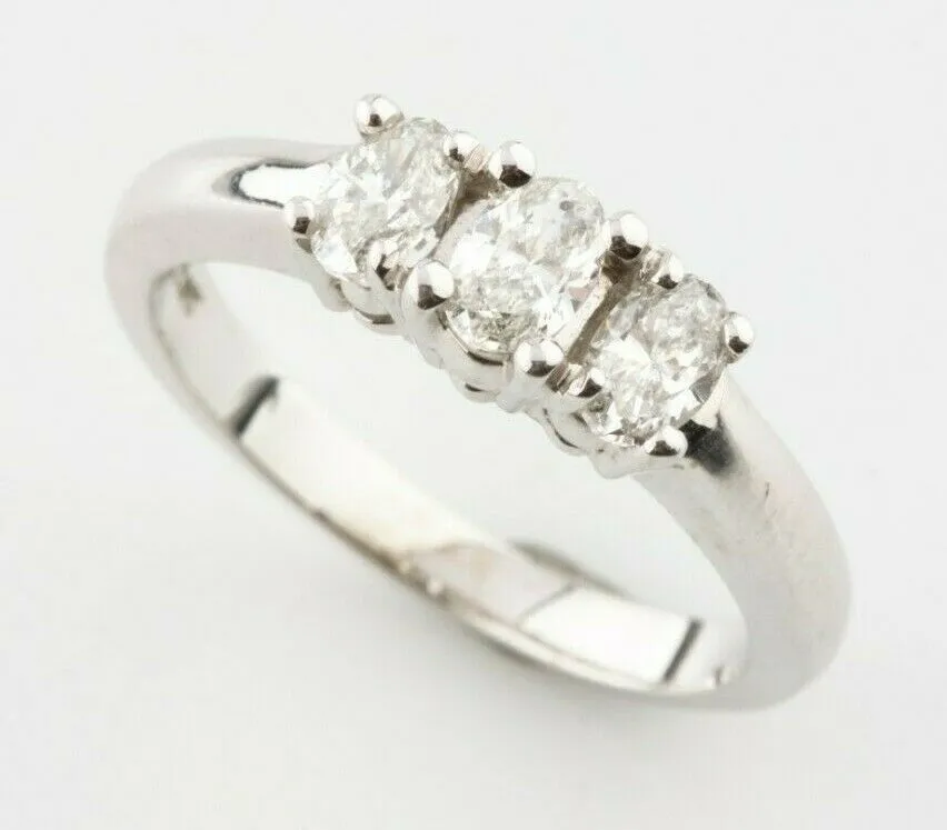 14k White Gold Oval Diamond Three-Stone Engagement Ring Size 6.75 TDW = 0.75