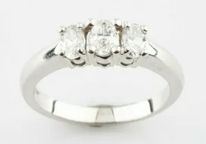 14k White Gold Oval Diamond Three-Stone Engagement Ring Size 6.75 TDW = 0.75