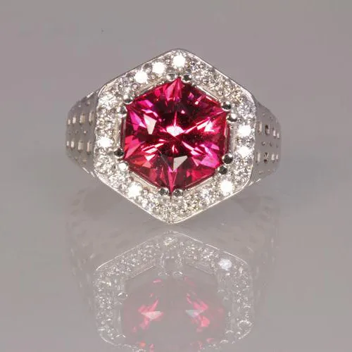 14k White Gold Pink Hexagon Tourmaline With Fine Diamonds Ring