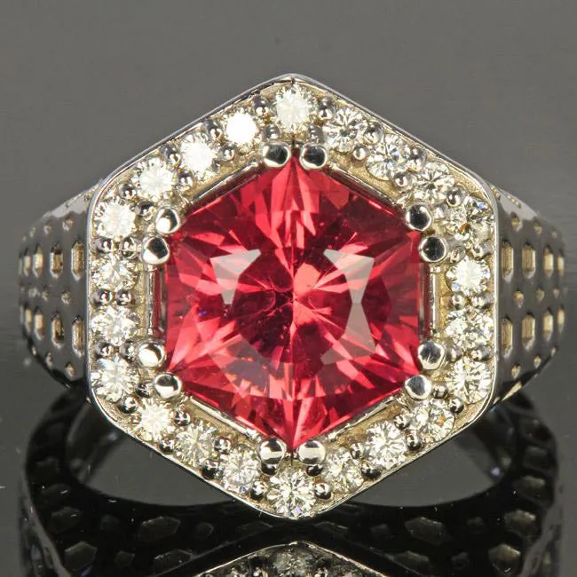14k White Gold Pink Hexagon Tourmaline With Fine Diamonds Ring