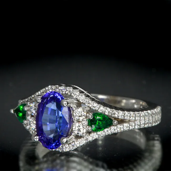 14K White Gold Tanzanite, Diamond and Tsavorite Ring by Christopher Michael 1.56 Carats