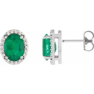 14K White Lab-Grown Emerald & .06 CTW Natural Diamond Halo-Style Earrings