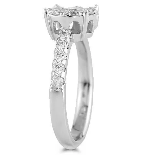 14K White Solid Gold Womens Diamond Cluster Ring With Pave Set Side Stones 1.15 Ctw