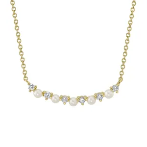14K Yellow Gold Diamond & Cultured Pearl Curved Necklace - SC55023346