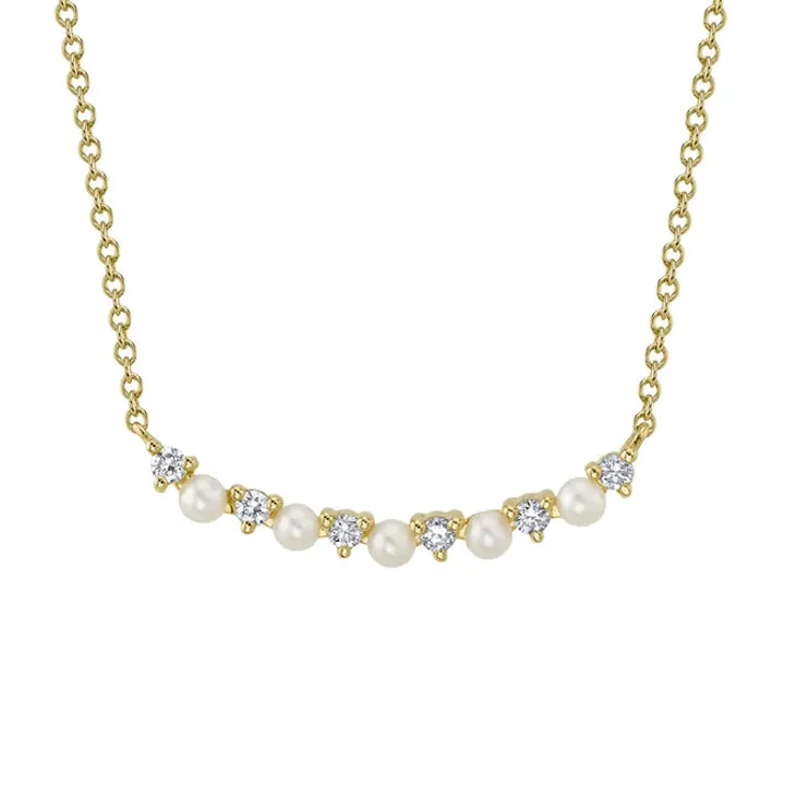 14K Yellow Gold Diamond & Cultured Pearl Curved Necklace - SC55023346