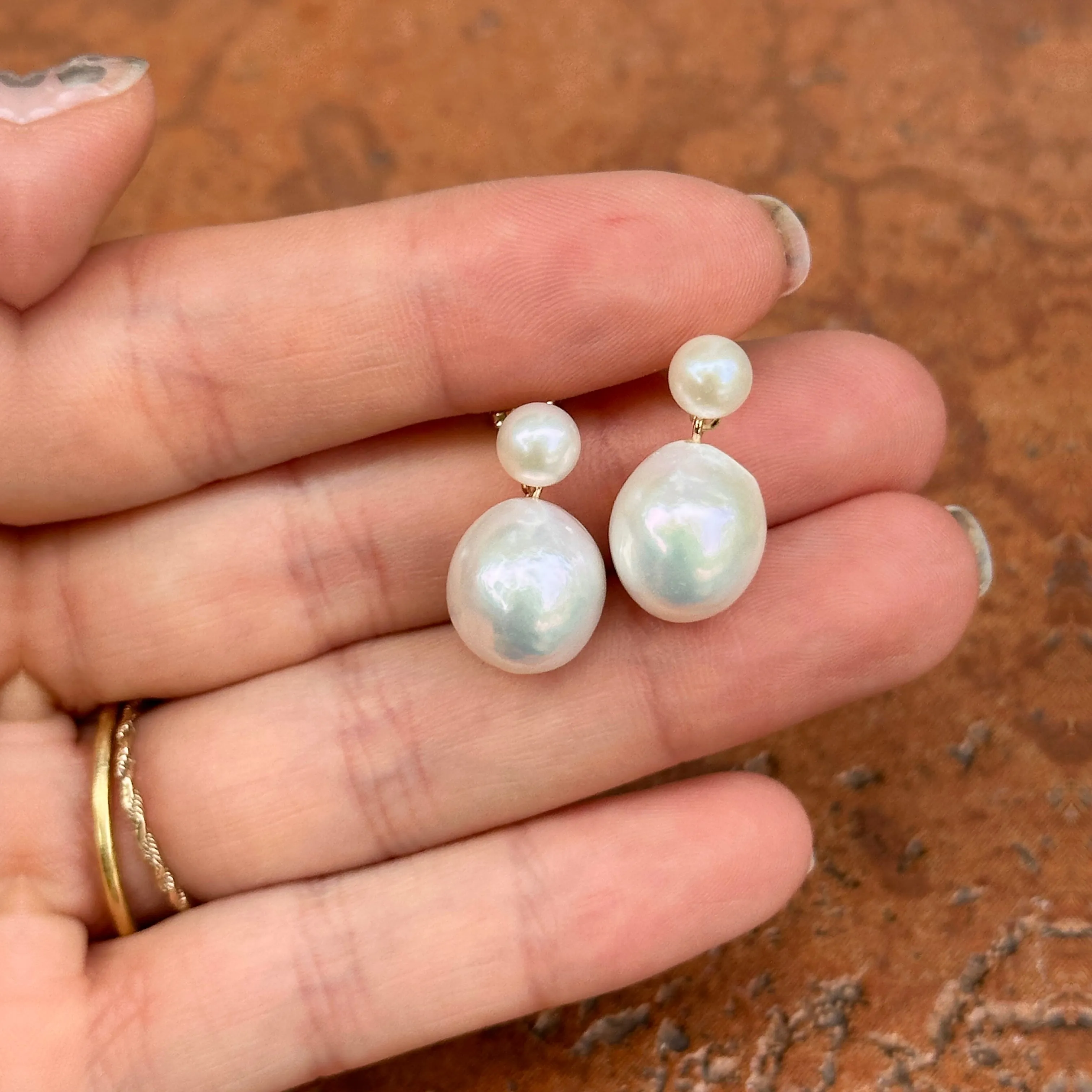 14KT Yellow Gold Double Baroque Pearl Dangle Earrings