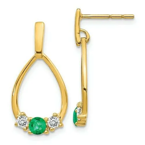 14KT Yellow Gold Emerald   Diamond Teardrop Earrings