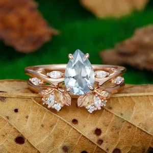 1.5 CT Pear Shaped 14k Rose gold Split Shank  leaf flower Aqumarine ring