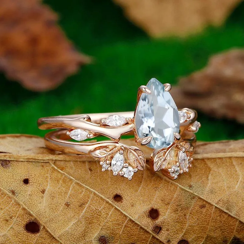1.5 CT Pear Shaped 14k Rose gold Split Shank  leaf flower Aqumarine ring