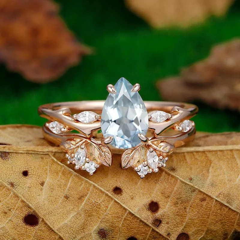 1.5 CT Pear Shaped 14k Rose gold Split Shank  leaf flower Aqumarine ring