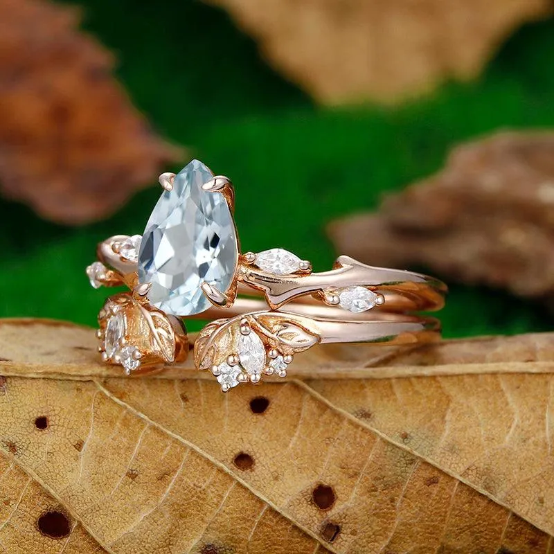 1.5 CT Pear Shaped 14k Rose gold Split Shank  leaf flower Aqumarine ring