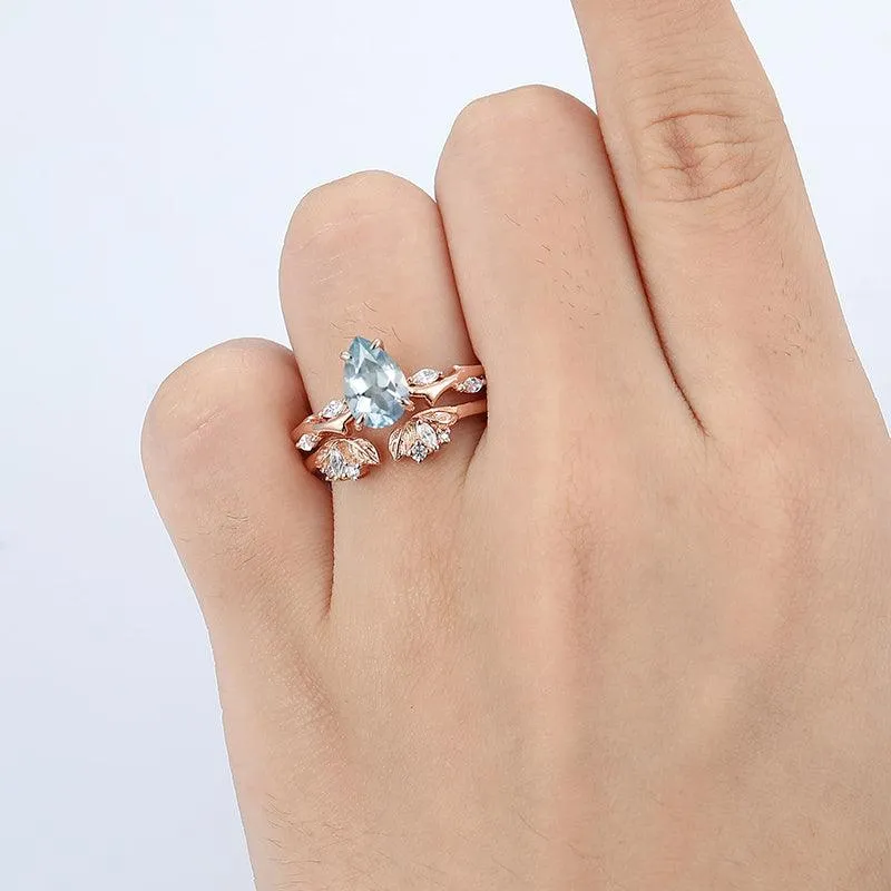1.5 CT Pear Shaped 14k Rose gold Split Shank  leaf flower Aqumarine ring
