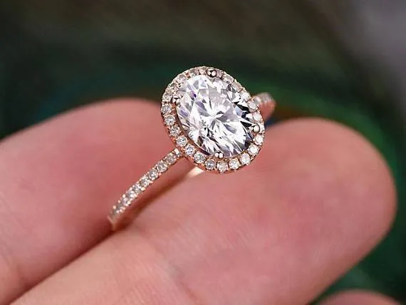 1.50 Carat Oval Cut Halo Moissanite Diamond Engagement Wedding Ring in 10k Rose Gold Halo Art Deco