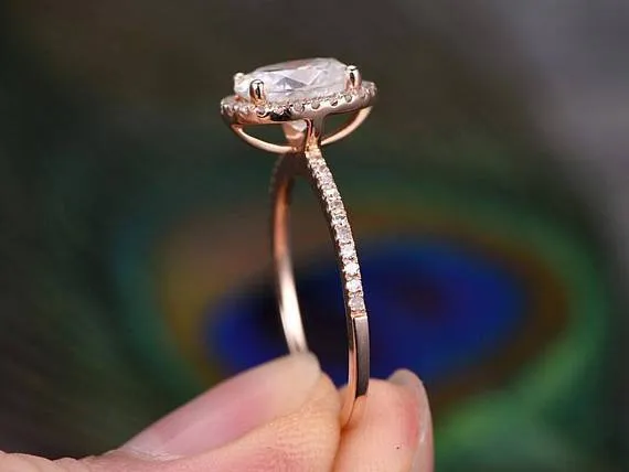 1.50 Carat Oval Cut Halo Moissanite Diamond Engagement Wedding Ring in 10k Rose Gold Halo Art Deco