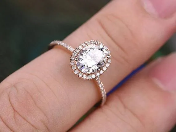 1.50 Carat Oval Cut Halo Moissanite Diamond Engagement Wedding Ring in 10k Rose Gold Halo Art Deco