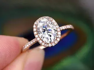 1.50 Carat Oval Cut Halo Moissanite Diamond Engagement Wedding Ring in 10k Rose Gold Halo Art Deco