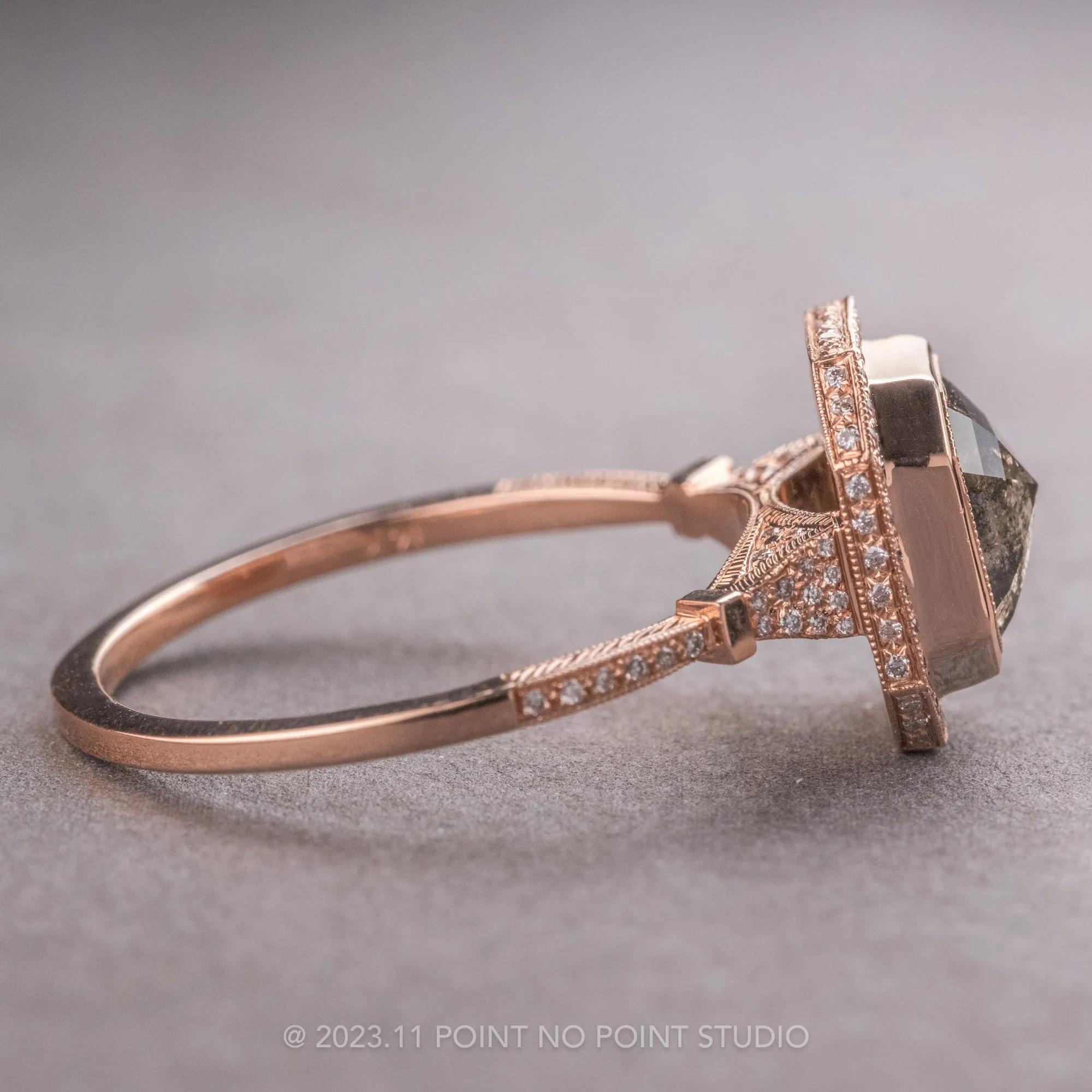 1.54 Carat Black Speckled Asscher Diamond Engagement Ring, Abigail Setting, 14K Rose Gold