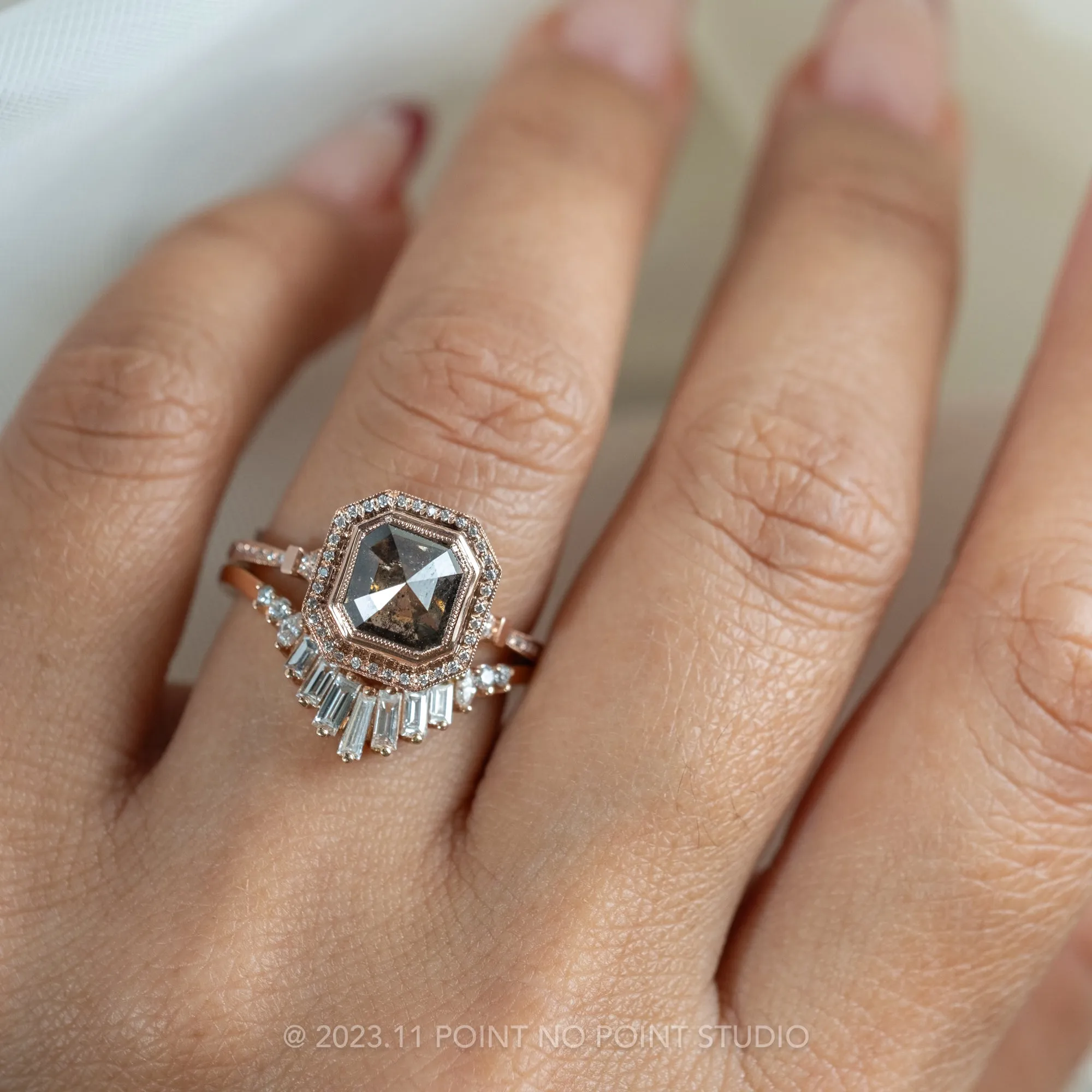 1.54 Carat Black Speckled Asscher Diamond Engagement Ring, Abigail Setting, 14K Rose Gold